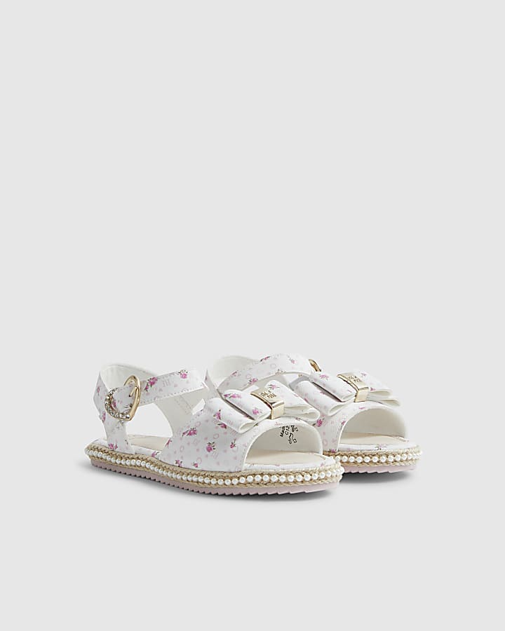Girls White Ditsy Rose Bow Sandals