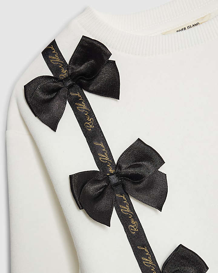 Mini Girls Cream Satin Bow Sweatshirt Set