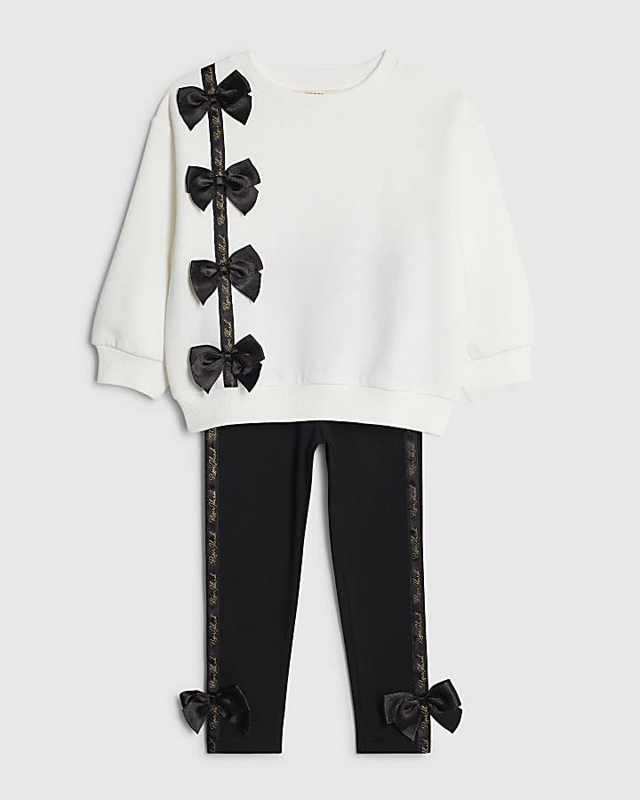 Mini Girls Cream Satin Bow Sweatshirt Set