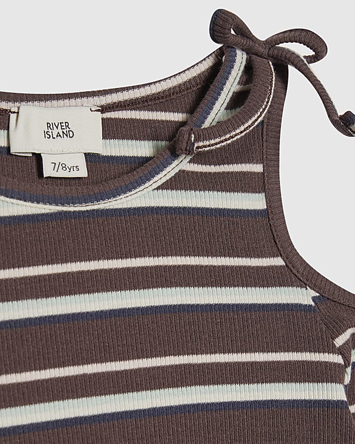 Girls Brown Stripe Cold Shoulder Top