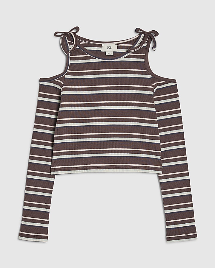 Girls Brown Stripe Cold Shoulder Top