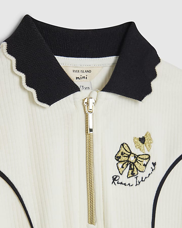 Mini Girls Cream Ribbed Zip Polo Dress