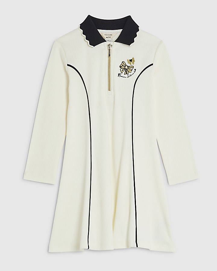Mini Girls Cream Ribbed Zip Polo Dress