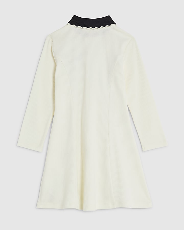 Mini Girls Cream Ribbed Zip Polo Dress