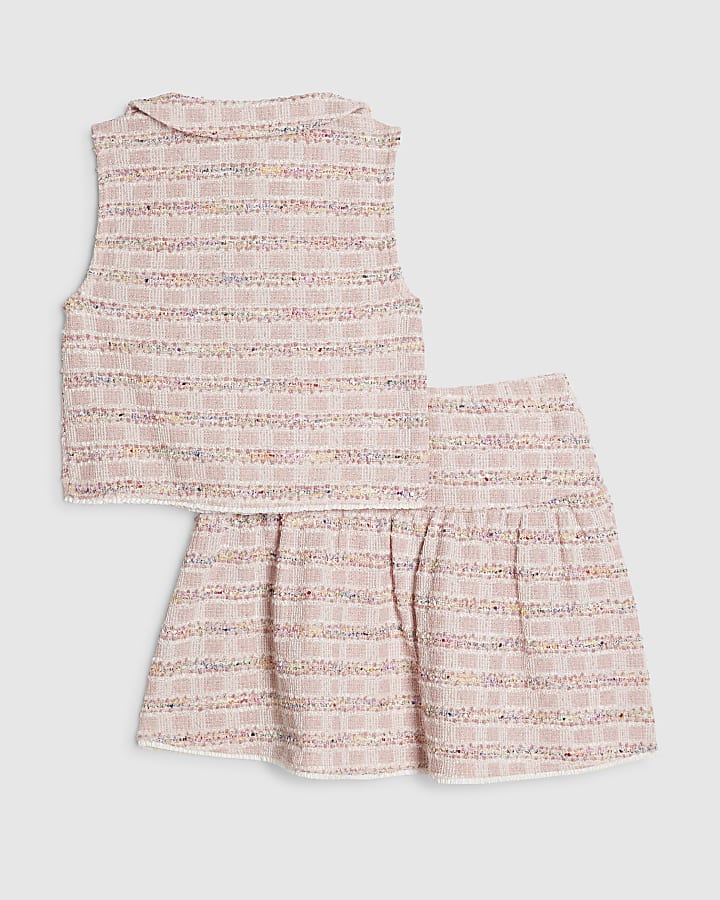 Girls Pink Boucle Skirt Set