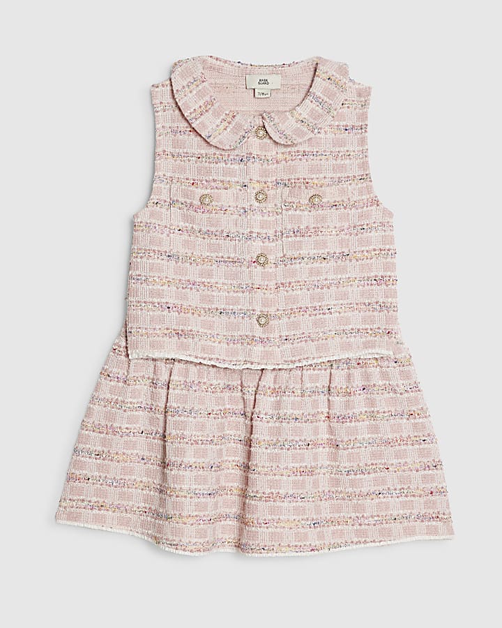 Girls Pink Boucle Skirt Set