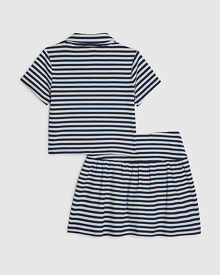 Girls Blue Stripe Polo Shirt And Skirt Set