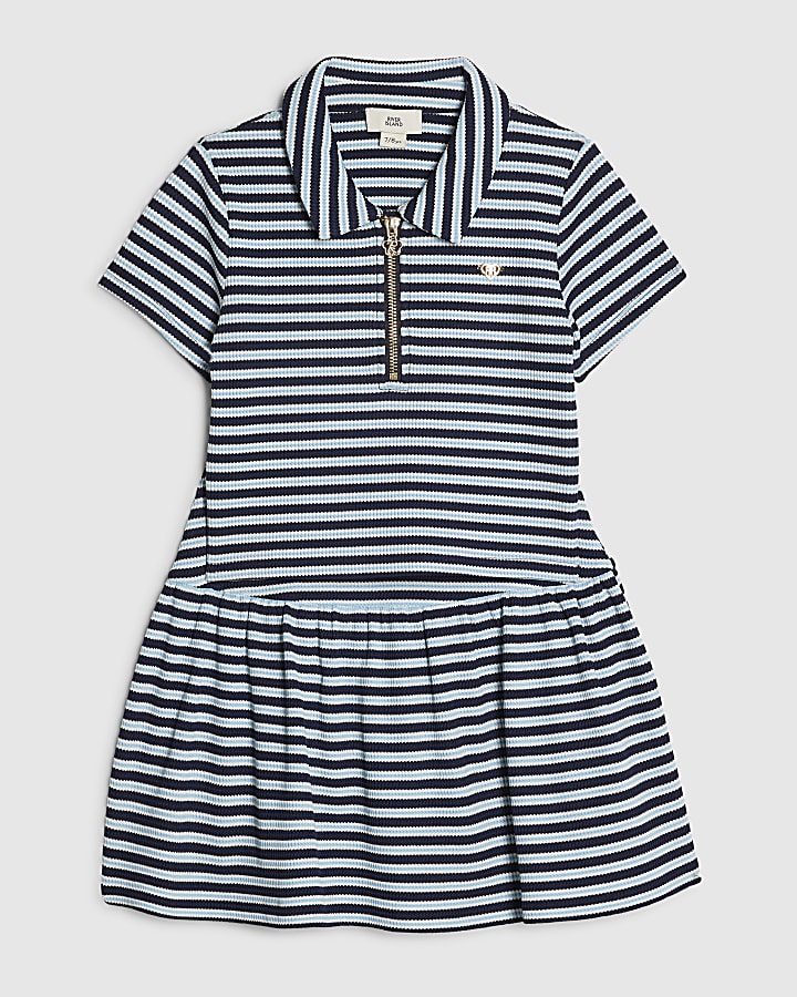 Girls Blue Stripe Polo Shirt And Skirt Set