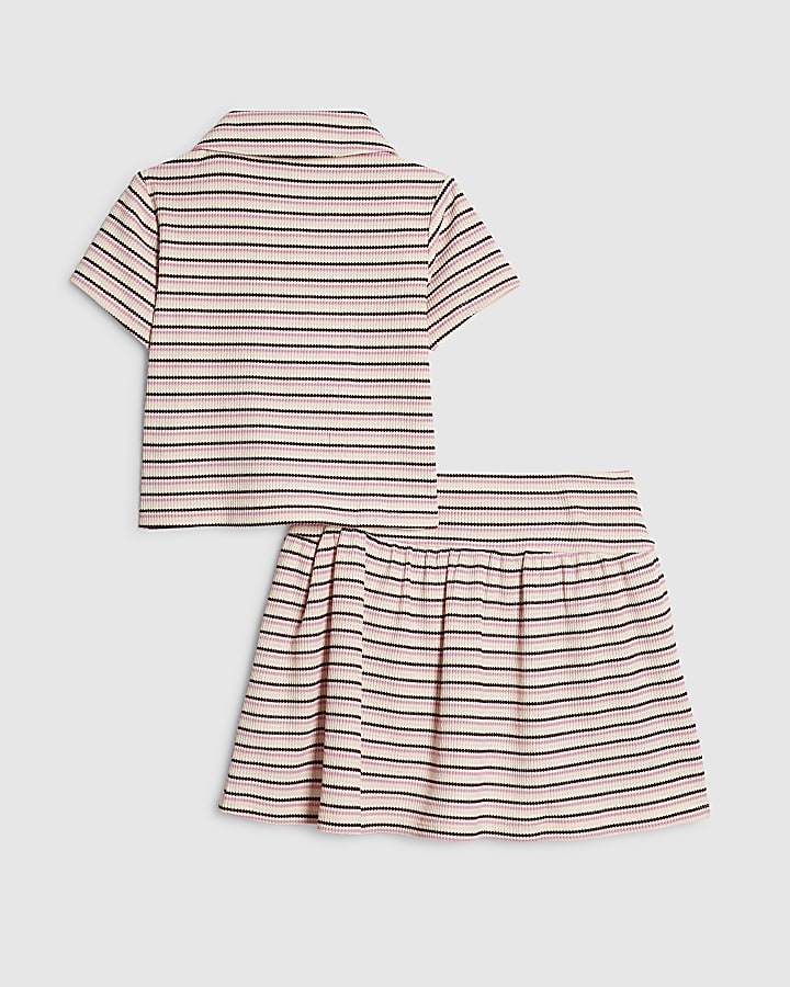 Girls Pink Stripe Polo Shirt And Skirt Set