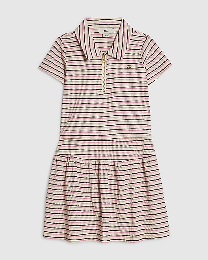 Girls Pink Stripe Polo Shirt And Skirt Set