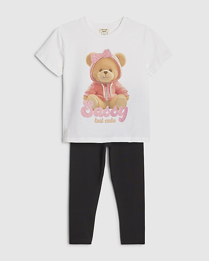Mini Girls White Sassy Bear T-Shirt Set