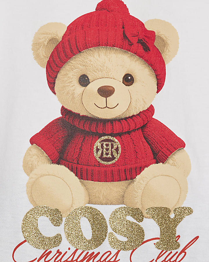 Mini Girls White Christmas Bear T-Shirt Set