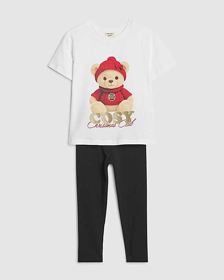 Mini Girls White Christmas Bear T-Shirt Set