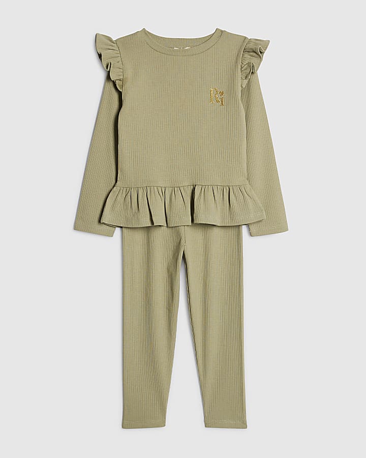 Mini Girls Khaki RI Waist Band Ribbed Set