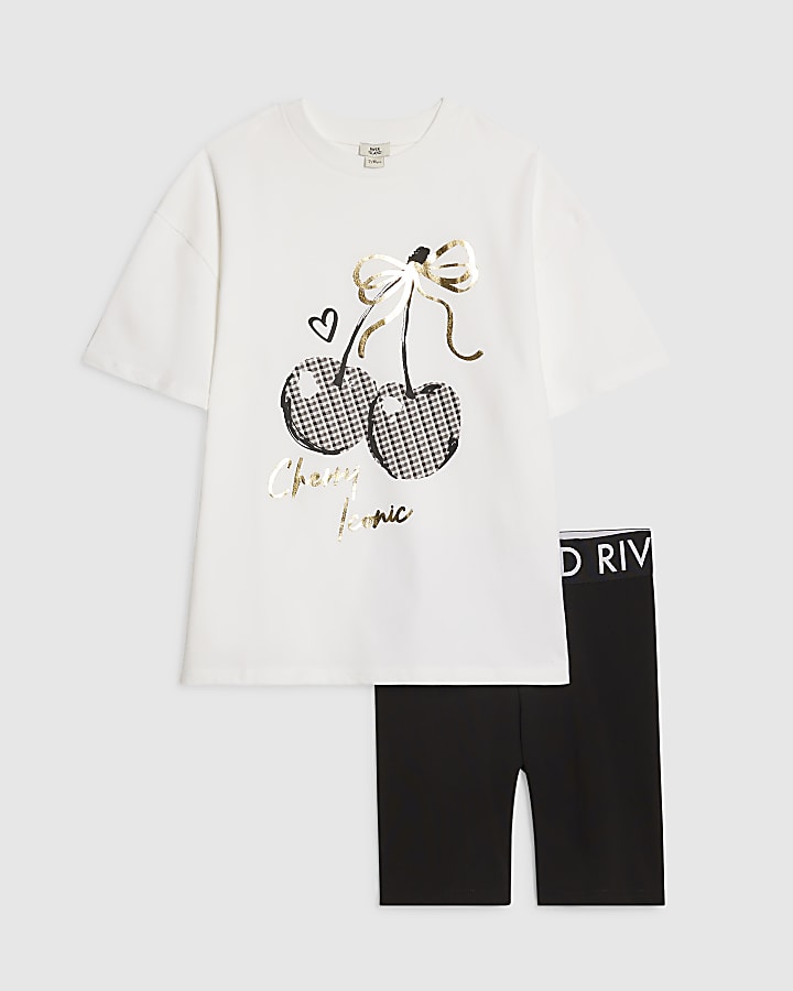 Girls White Cherry T-Shirt Set