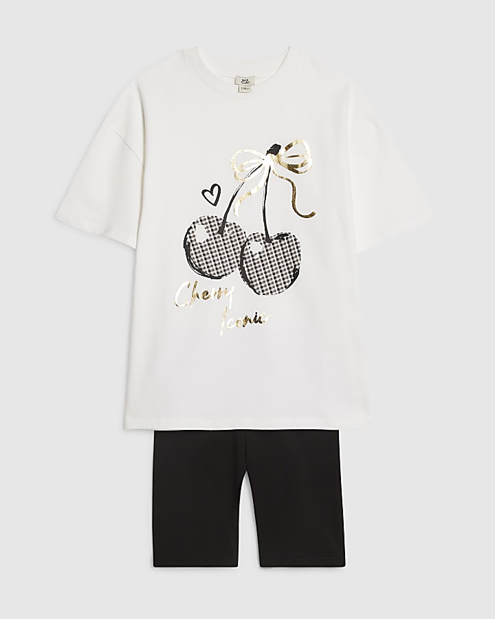 Girls White Cherry T-Shirt Set