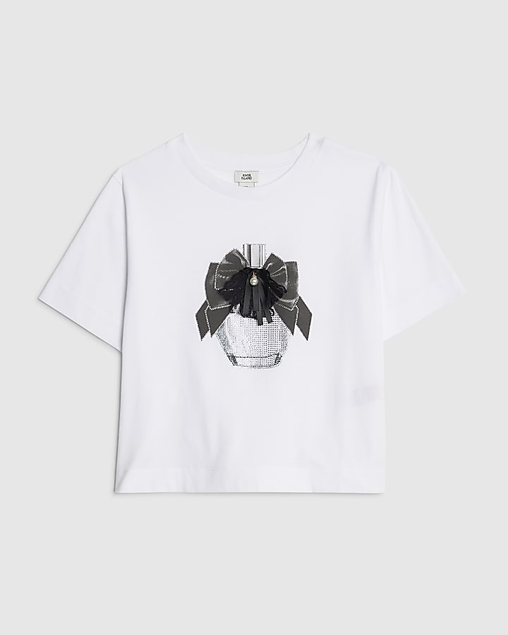 Girls White Embellished Perfume T-Shirt