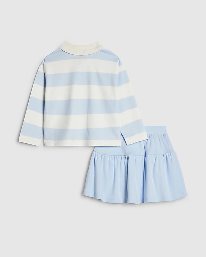 Mini Girls Blue Stripe Polo Shirt Set
