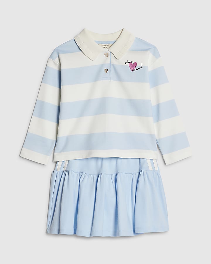 Mini Girls Blue Stripe Polo Shirt Set