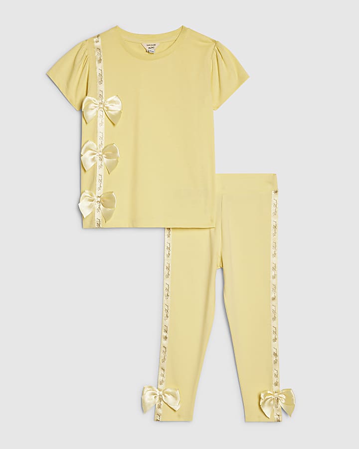 Mini Girls Yellow Satin Bow T-Shirt Set