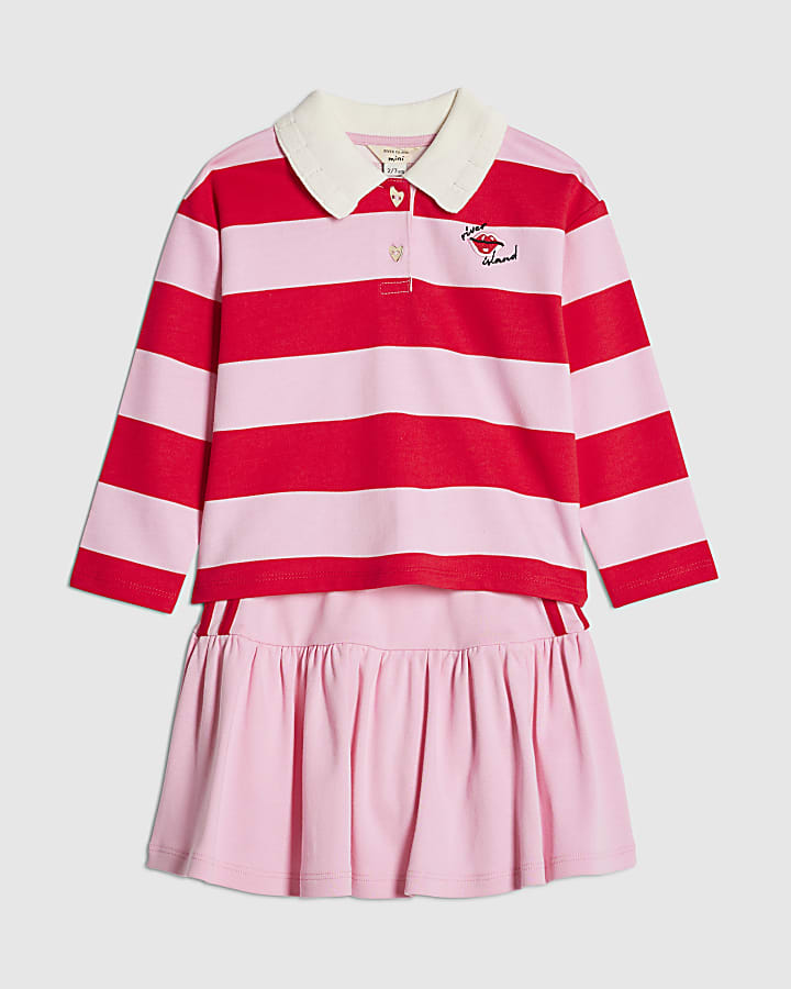 Mini Girls Pink Stripe Polo Shirt Set