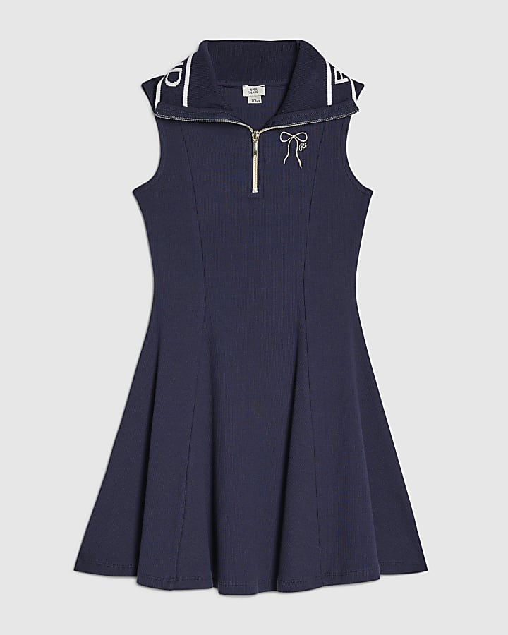 Girls Navy Oversized Collar Dress