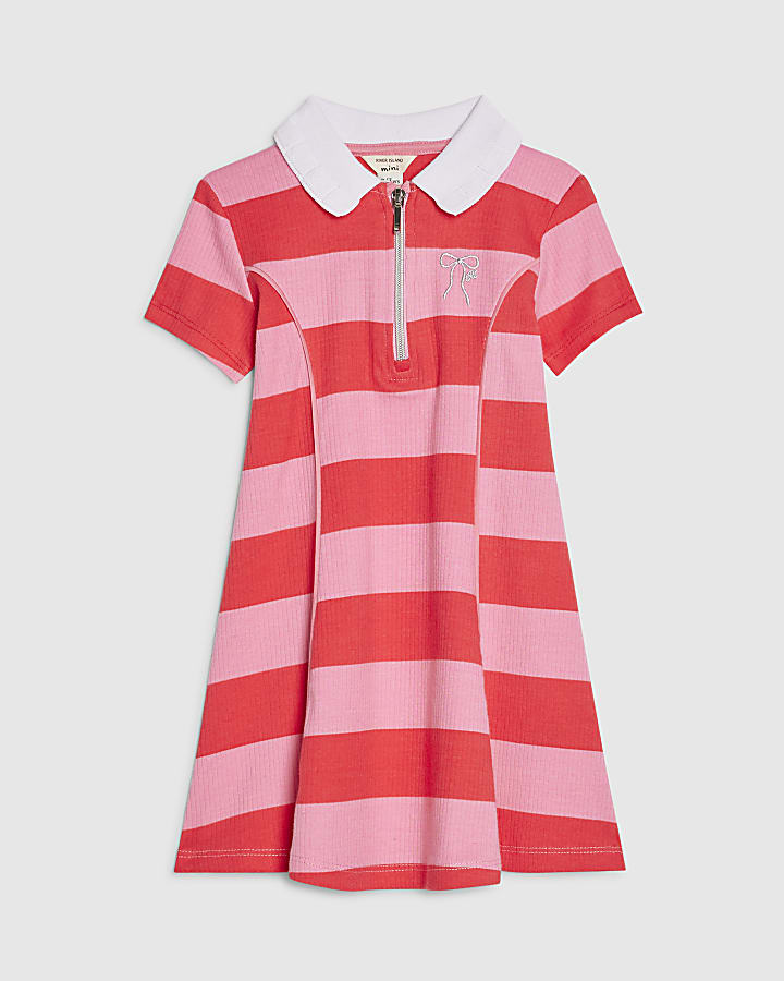 Mini Girls Pink Stripe Bow Polo Dress
