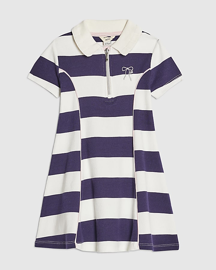 Mini Girls Navy Rugby Stripe Bow Polo Dress