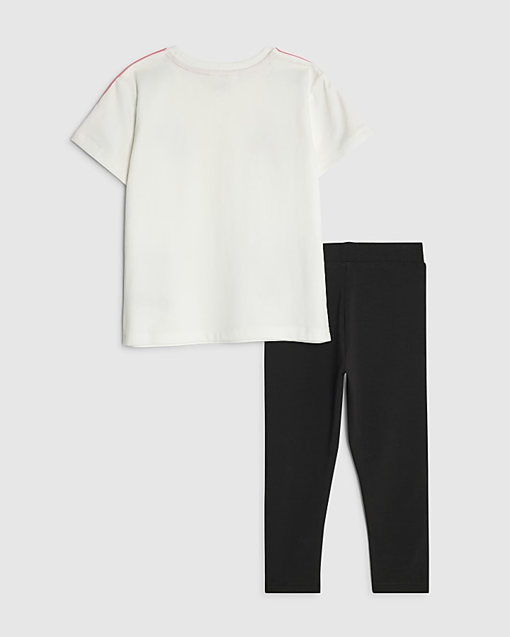 Mini Girls Cream Badged Stripe T-Shirt Set