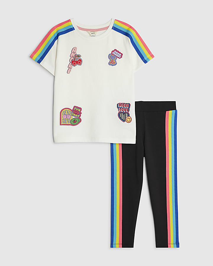 Mini Girls Cream Badged Stripe T-Shirt Set