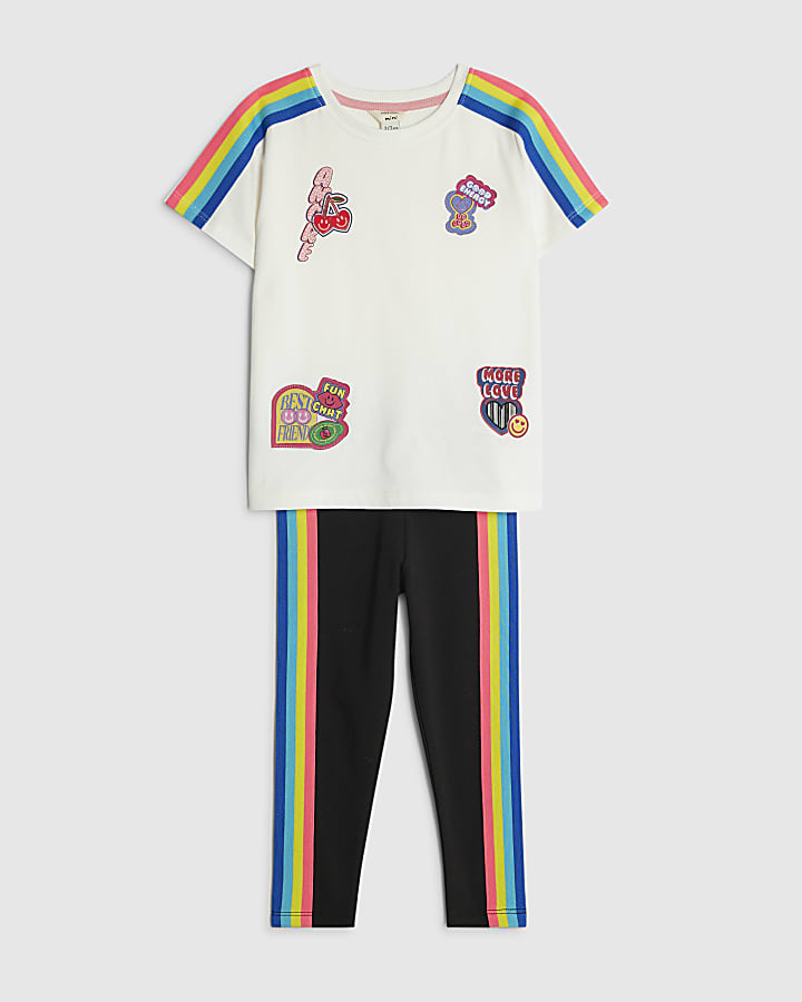 Mini Girls Cream Badged Stripe T-Shirt Set