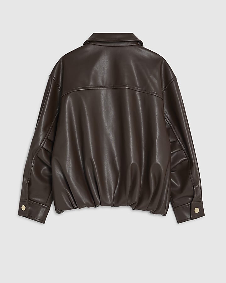 Girls Brown Faux Leather Bomber Jacket