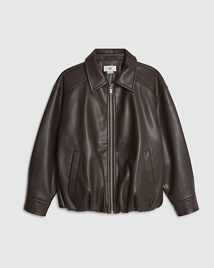Girls Brown Faux Leather Bomber Jacket