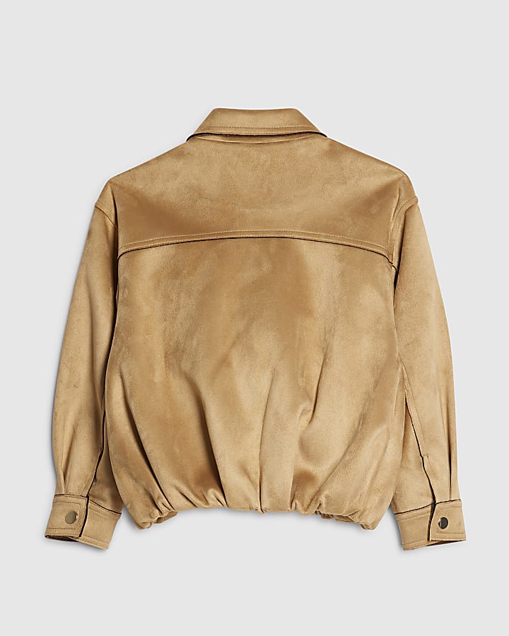Girls Brown Faux Suede Bomber Jacket