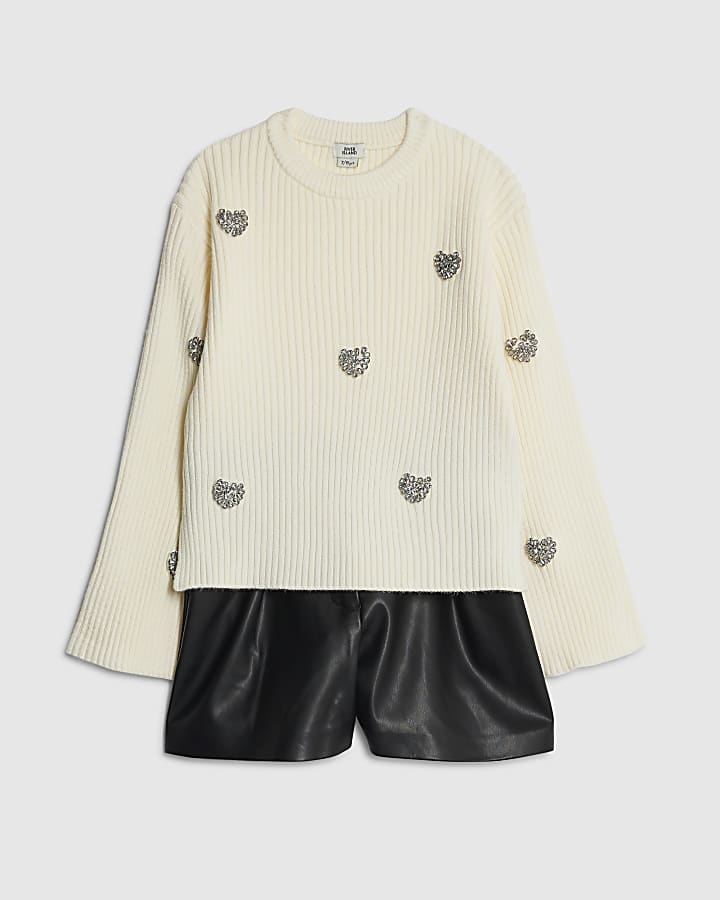 Girls White Embellished Heart Jumper Set