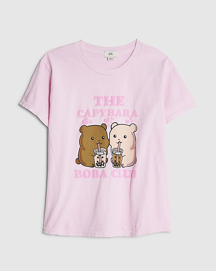 Girls Pink Capybara Boba Club T-Shirt