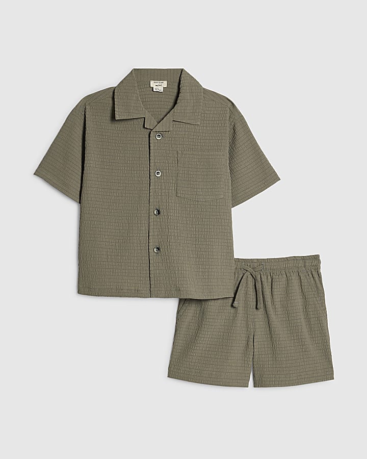 Mini Boys Khaki Textured Shirt Set