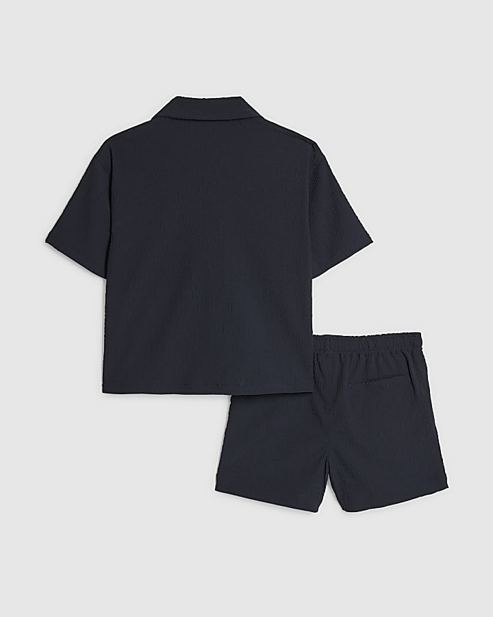 Mini Boys Navy Textured Shirt Set