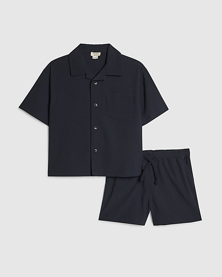 Mini Boys Navy Textured Shirt Set