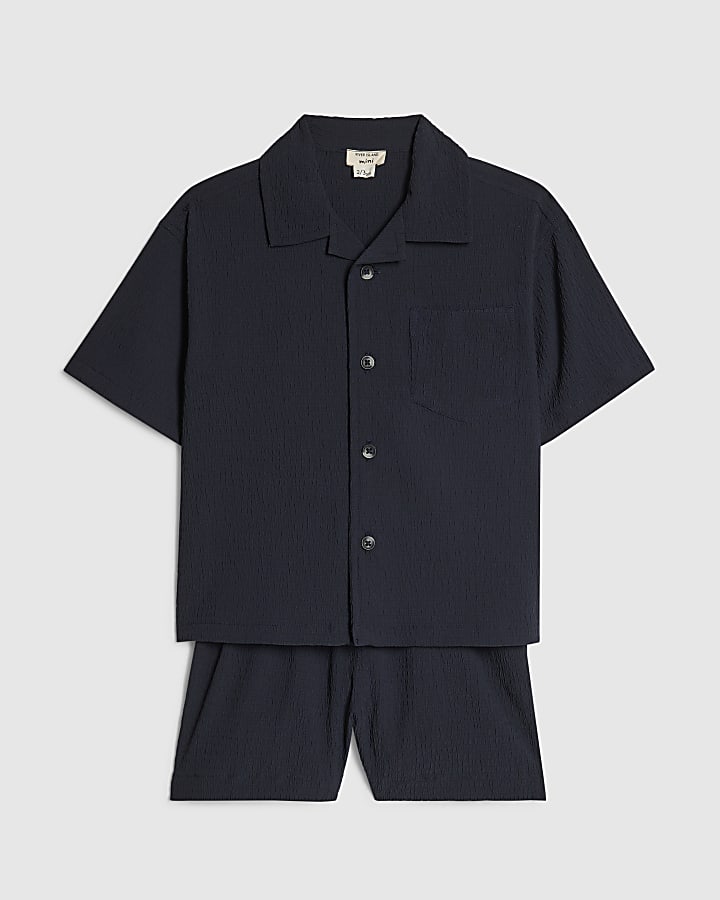Mini Boys Navy Textured Shirt Set