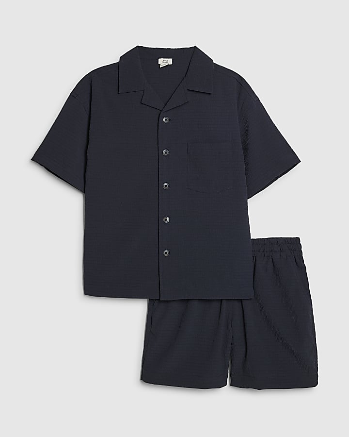 Boys Navy Textured Shirt Set