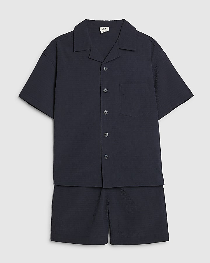 Boys Navy Textured Shirt Set