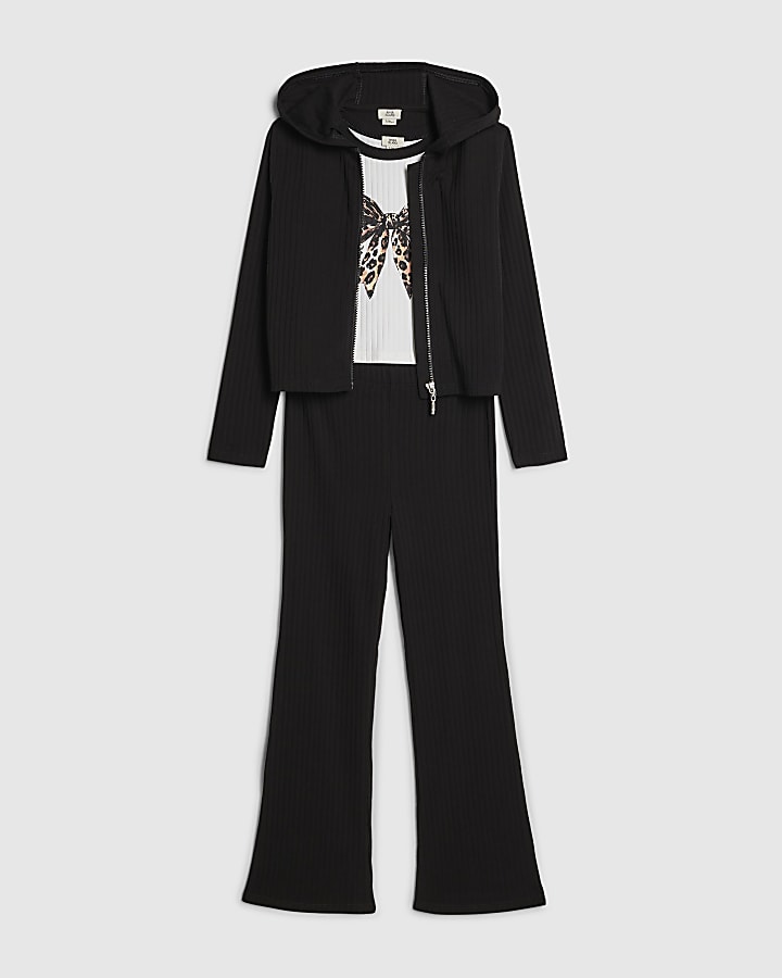 Girls Black Bow Ribbed Hoodie 3 Piece Set