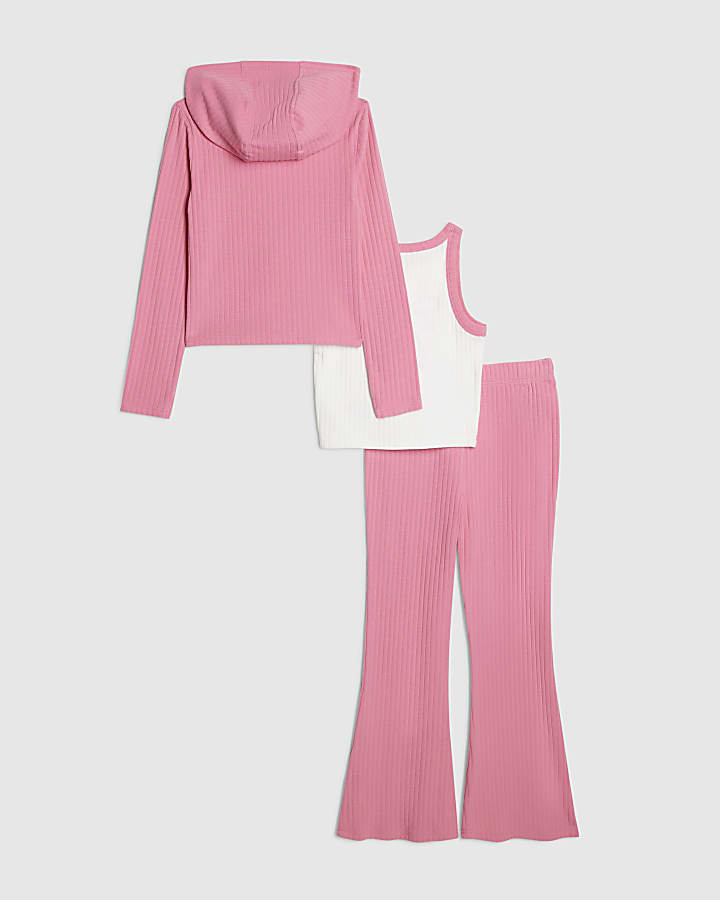 Girls Pink Bow Ribbed 3 Piece Set
