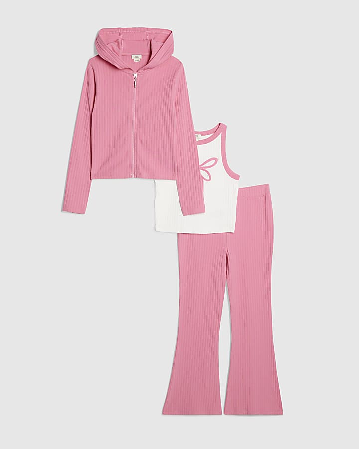 Girls Pink Bow Ribbed 3 Piece Set
