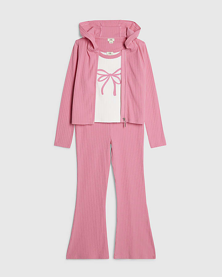 Girls Pink Bow Ribbed 3 Piece Set