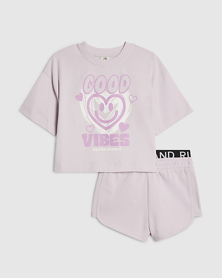 Girls Purple Smiley T-Shirt and Shorts Set
