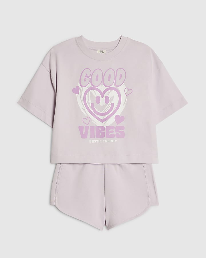 Girls Purple Smiley T-Shirt and Shorts Set