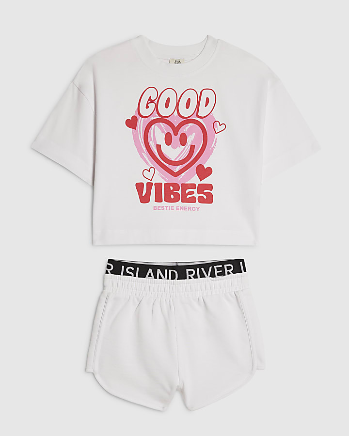 Girls White Good Vibes Smiley T-Shirt Set