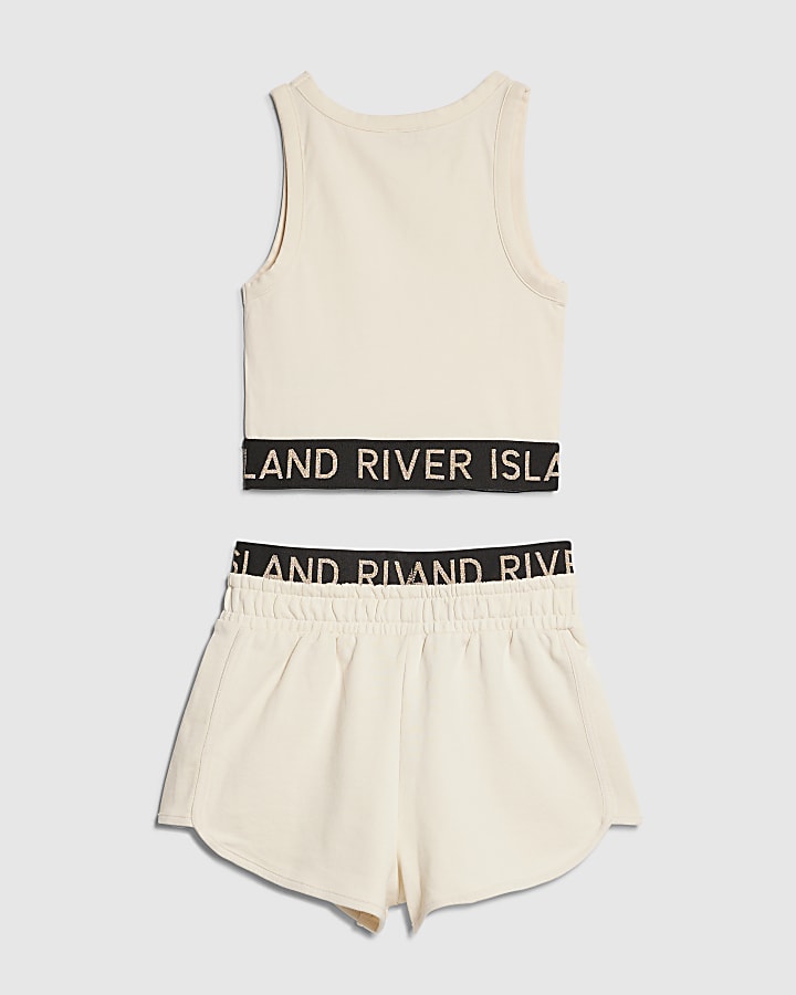 Girls Cream Tank Top And Shorts Set